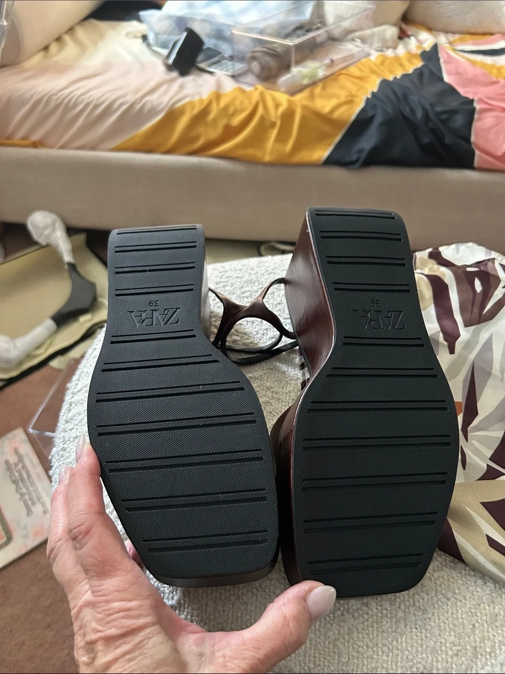 Zara Dark Brown Leather Square-Toe Block Heel Sandals - Picture 4 of 4
